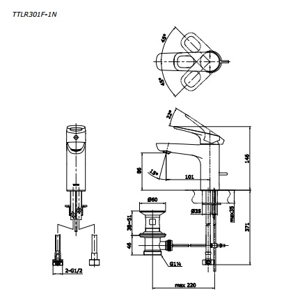 Bản vẽ vòi lavabo Nóng lạnh TTLR301F-1RR TOTO