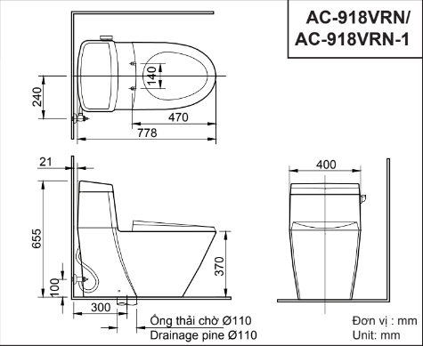 Bản vẽ bồn cầu INAX AC-918R/CW-S32VN