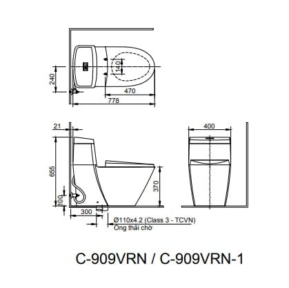 Bản vẽ bệ xí bệt bồn cầu INAX AC-909R/CW-S32VN nắp rửa cơ