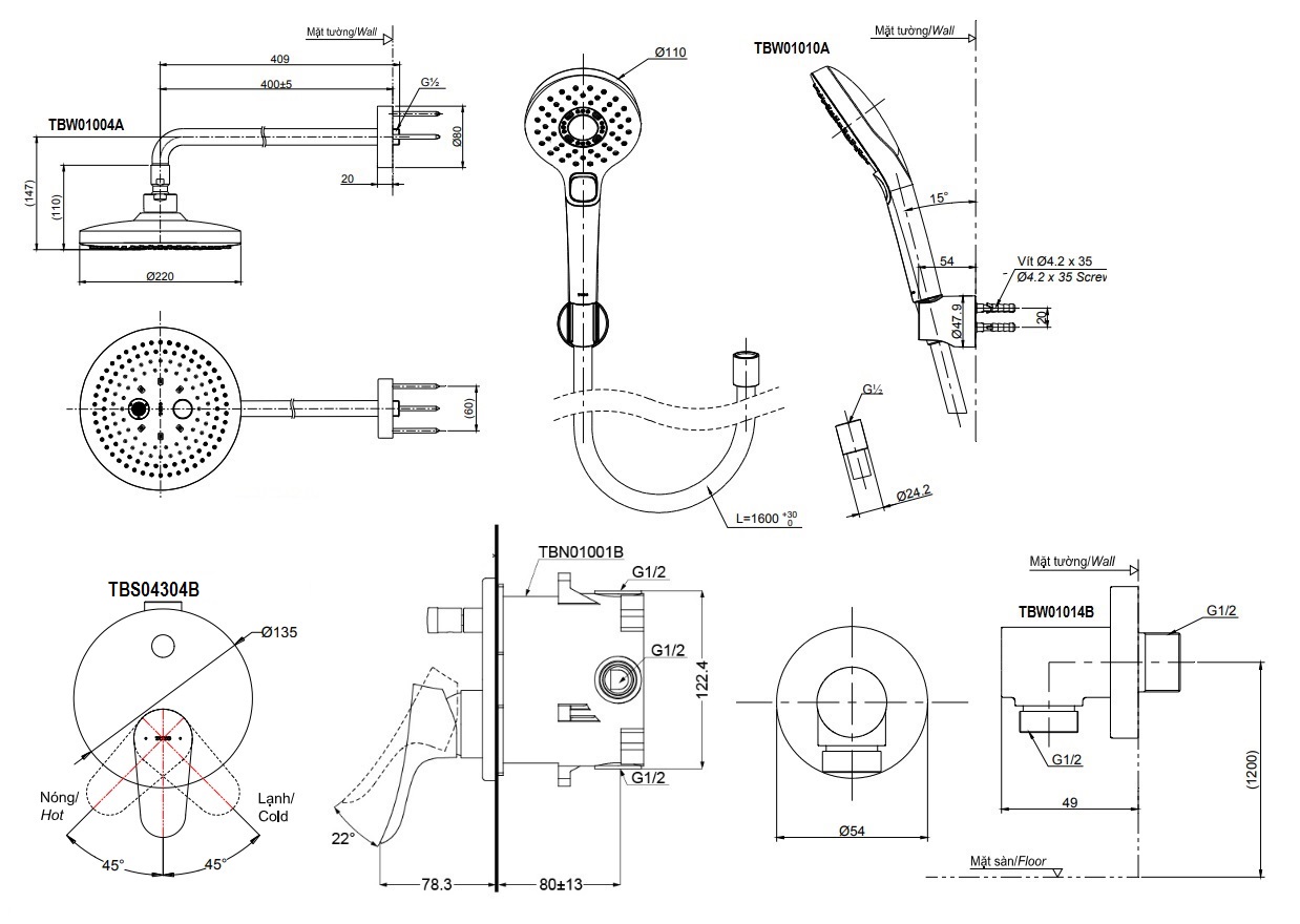 bản vẽ vòi sen TOTO TBS04304B/TBW01004A/TBW01010A âm tường