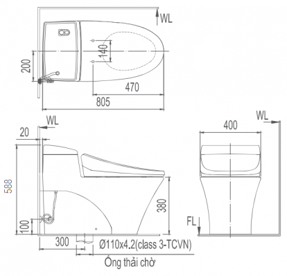 Bản vẽ bệt inax 1008 nắp điện tử CW-KB22