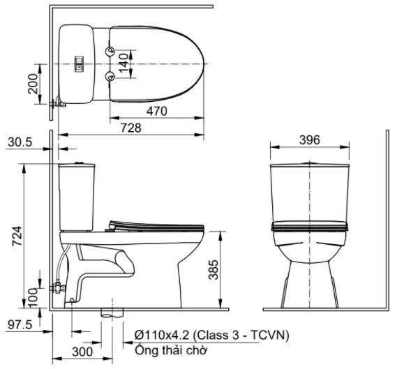 Bản vẽ kích thước bồn cầu INAX AC-514A/CW-H17VN