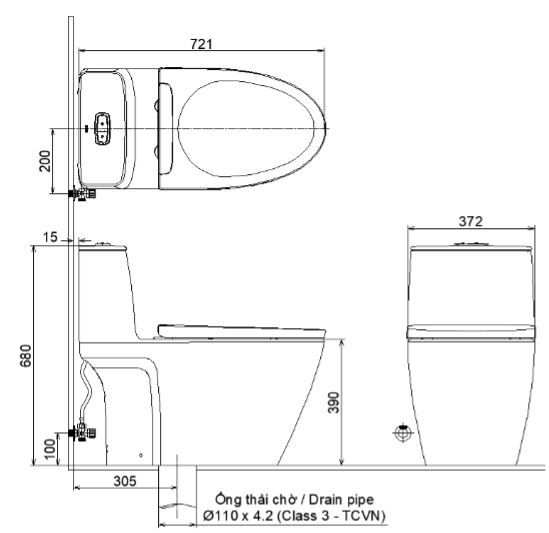 Bản vẽ kích thước bàn cầu 1 khối bồn cầu INAX AC-902VN-2