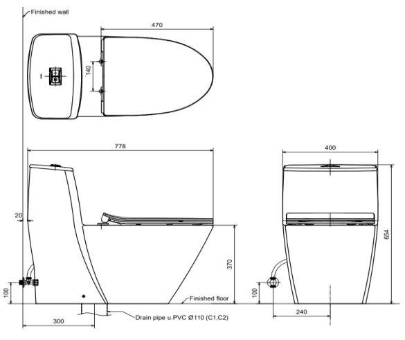 Bản vẽ kích thước bàn cầu rửa cơ Inax AC-919R+CW-S15VN