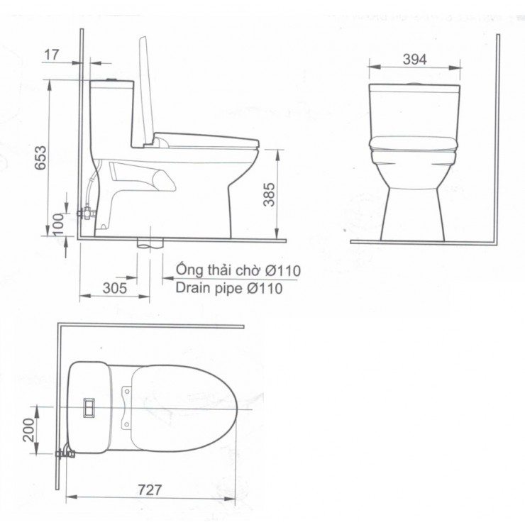 Bản vẽ kích thước bồn cầu INAX AC-969/CW-H20VN