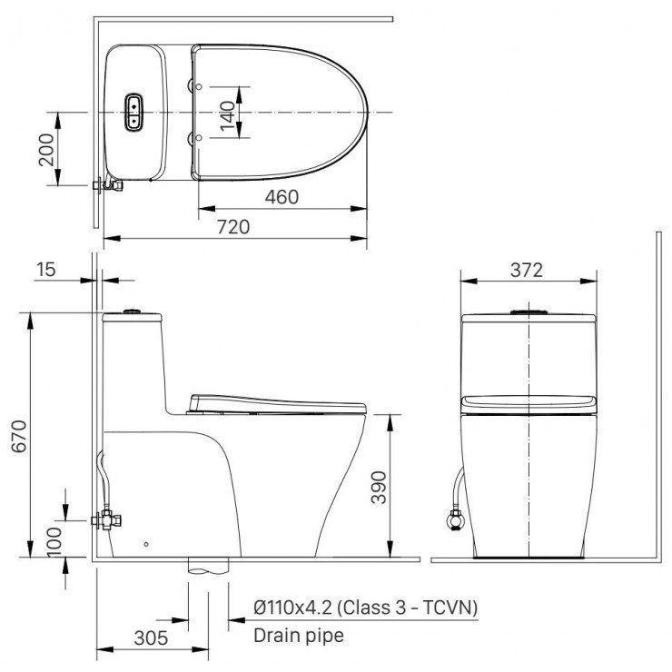 Bản vẽ bồn cầu INAX ACT-902/CW-KA22AVN nắp điện tử 