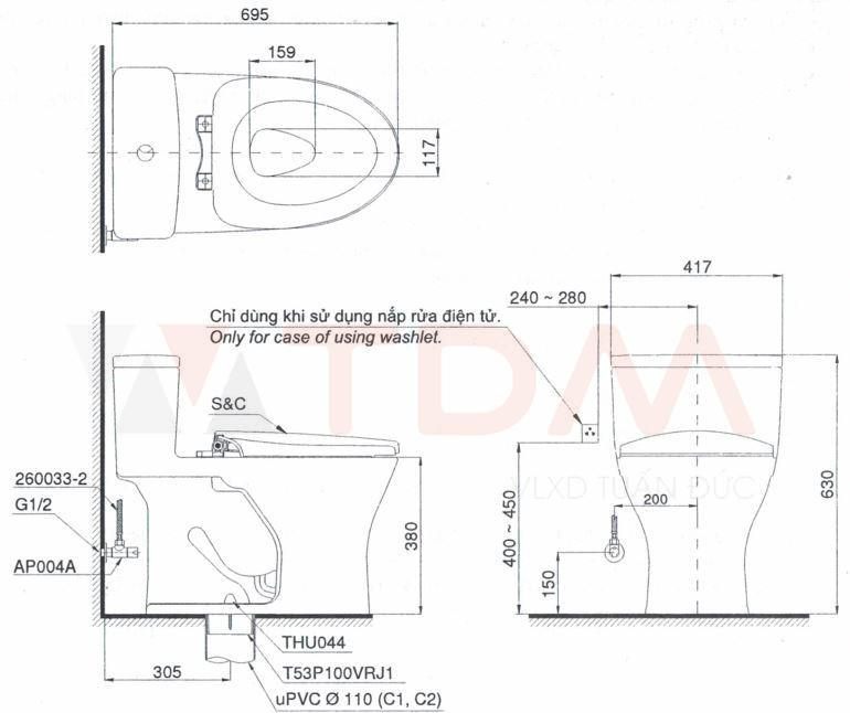 Bản vẽ kích thước bồn cầu C855 TOTO nắp điện tử TCF23410AAA W16