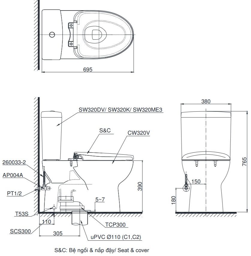 bản vẽ bồn cầu TOTO CS320DRE2 nắp rửa cơ