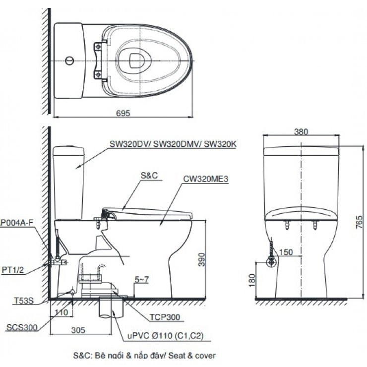 Bản vẽ kỹ thuật xí bệt TOTO C320