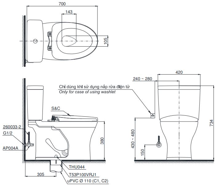 Bản vẽ bồn cầu C735 nắp rửa cơ TCW07S TOTO