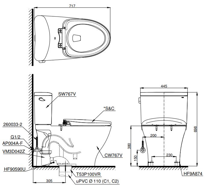 Bản vẽ bồn cầu 2 khối TOTO CS767E4