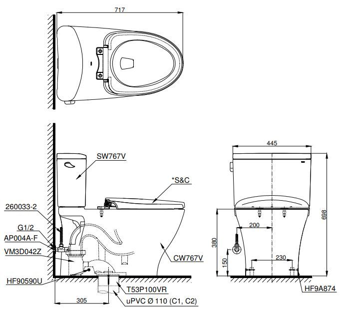 Bản vẽ kích thước bồn cầu CS767 TOTO nắp điện tử TCF23410AAA