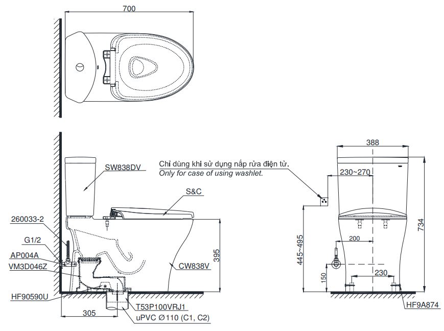 Bản vẽ bồn cầu nắp điện tử TOTO CS838D T2