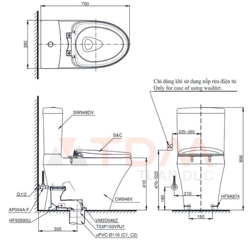 Bản vẽ bồn cầu CS948 nắp rửa cơ TCW07S TOTO