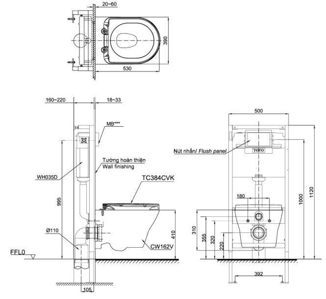 Bản vẽ kích thước bồn cầu TOTO CW162