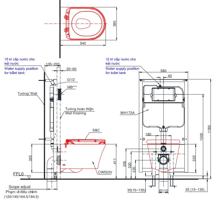 Bản vẽ kích thước xí bệt treo tường Toto CW553