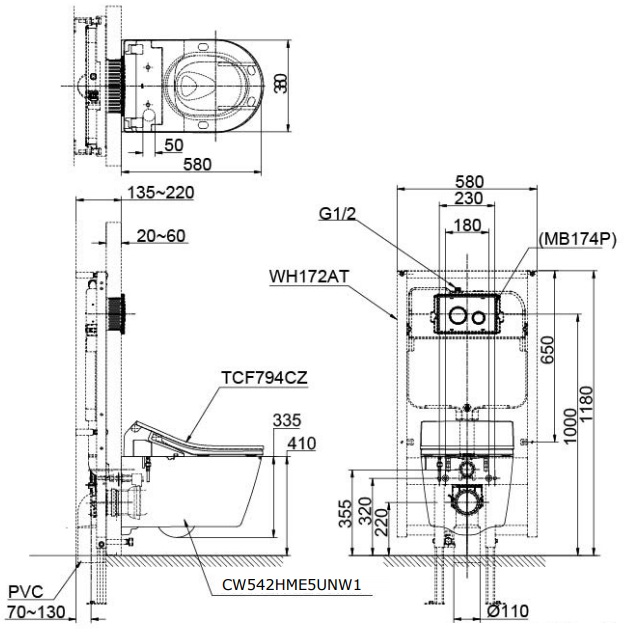 Bản vẽ xí bệt TOTO CW542 treo tường két nước âm