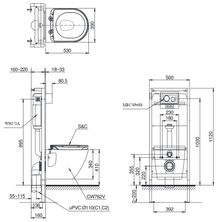 Bản vẽ kỹ thuật xí bệt TOTO CW762 WH172A MB174P#SS