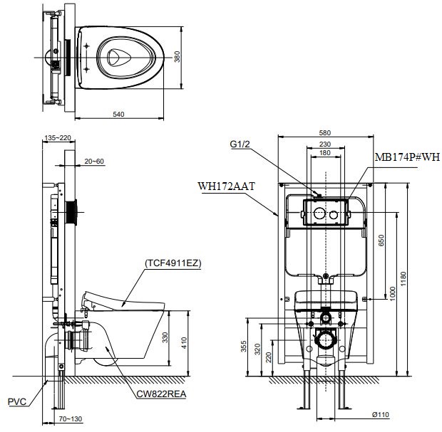 Bản vẽ kỹ thuật xí bệt treo tường TOTO CW 822 REA