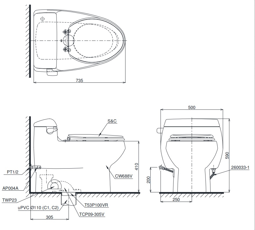 bản vẽ bồn cầu TOTO MS688E2 nắp rửa cơ