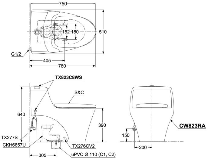 Bản vẽ bồn cầu TOTO C823RA