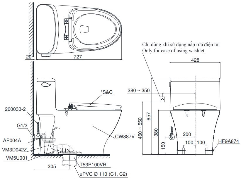 Bản vẽ bồn cầu TOTO MS887E2 1 khối