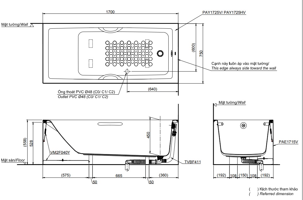 Bản vẽ kỹ thuật bồn tắm TOTO PAY1725HVC-TBVF411