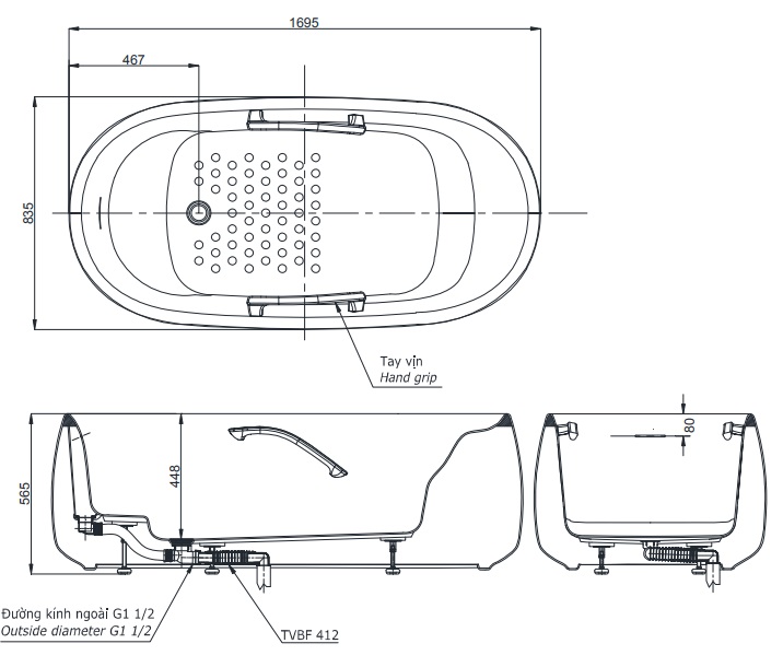 Bản vẽ bồn tắm PJY1744 HPWEN màu GW TOTO