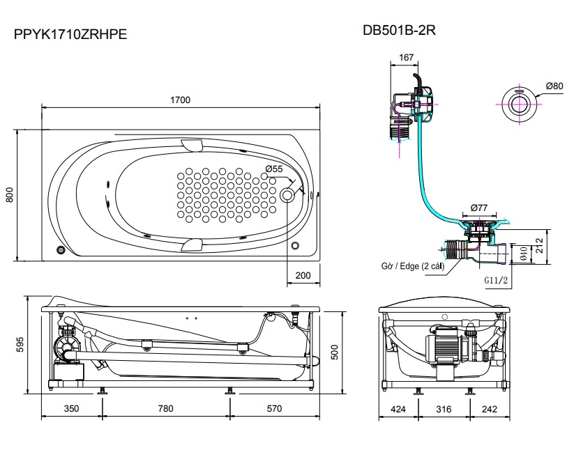 Bản vẽ bồn tắm TOTO PPYK1710ZRHPE