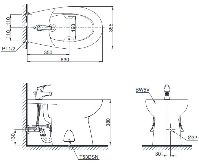 Bản vẽ kích thước bệ tiểu nữ Toto BT5#W