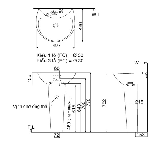 Bản vẽ bồn rửa mặt lavabo INAX L285V kèm chân L288VD