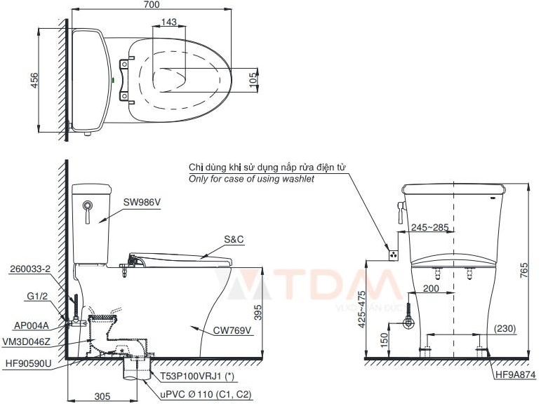 Bản vẽ bồn cầu CS 986W7 nắp điện tử TCF6631A TOTO