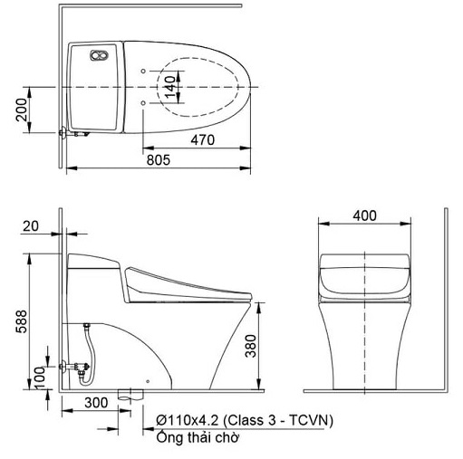 Bản vẽ kỹ thuật Bồn Cầu INAX AC-1008R/CW-S32VN Nắp Rửa Cơ
