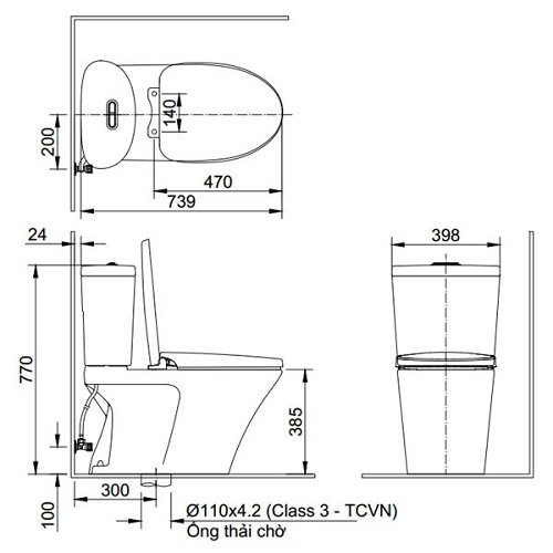 Bản vẽ kích thước bàn cầu Inax AC-700A+CW-S32VN