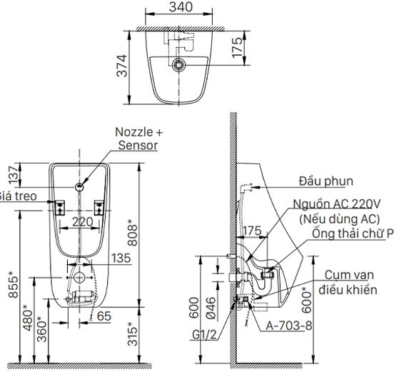 Bản vẽ kích thước bồn tiểu Inax AU-468IR