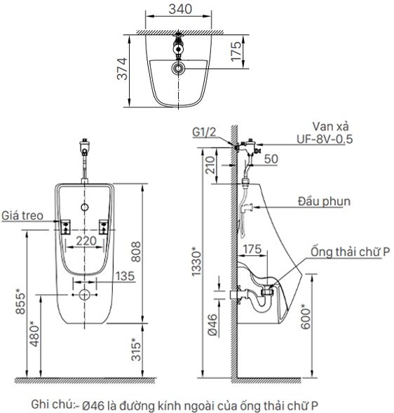 Bản vẽ kích thước bệ tiểu Inax AU-468V 0,5 lít cấp nổi