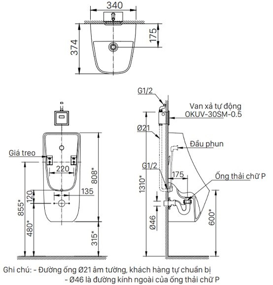 Bản vẽ kích thước bệ tiểu Inax AU 468VAC xả 0,5 lít