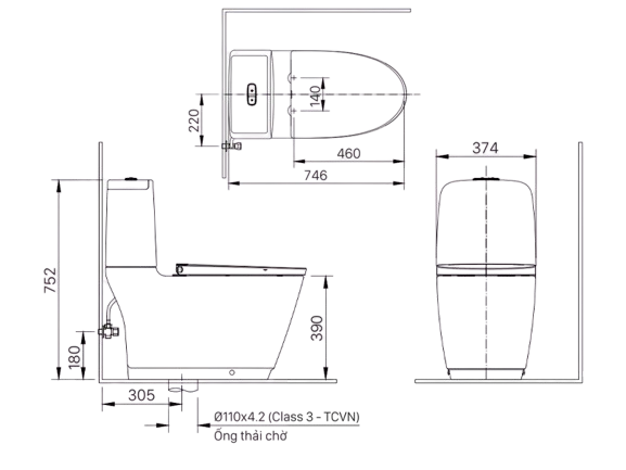 Bản vẽ bồn cầu INAX ACT-832/CW-H20VN nắp điện tử