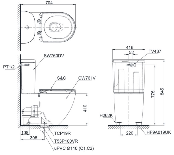 Bản vẽ nắp bồn cầu điện tử TOTO TCF4732A (W5)