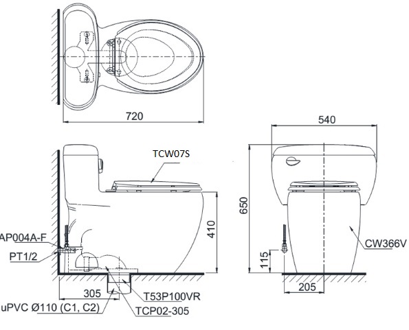 bản vẽ bồn cầu TOTO MS366E2 nắp rửa cơ