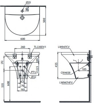 Bản vẽ kỹ thuật lavabo rửa mặt LHT947CR