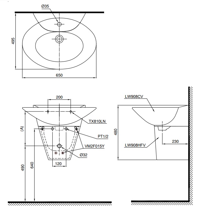 Bản vẽ bồn rửa mặt lavabo TOTO LHT908C