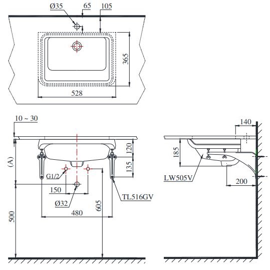 Bản vẽ lavabo âm bàn LT 505T TOTO