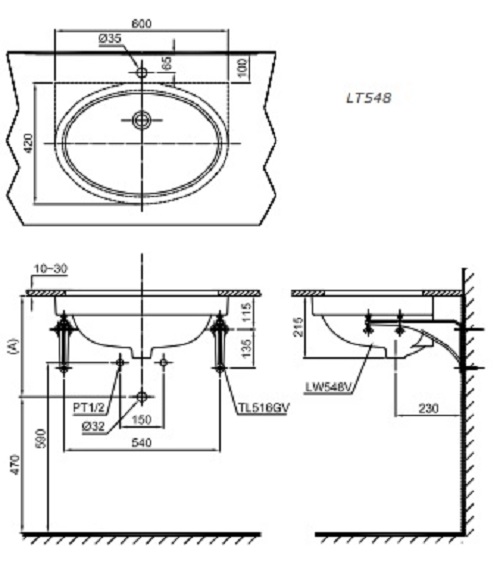 Bản vẽ bồn rửa mặt lavabo TOTO LT548