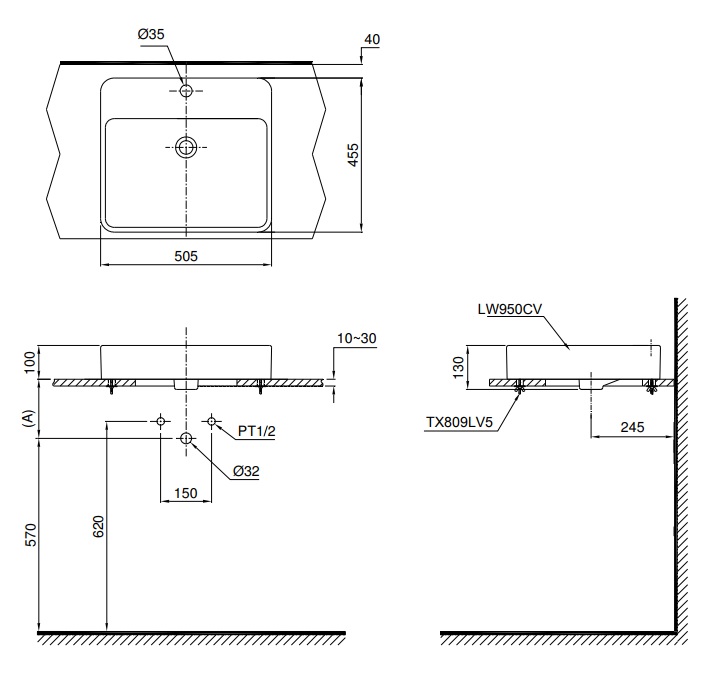 Bản vẽ bồn rửa mặt TOTO LT950C