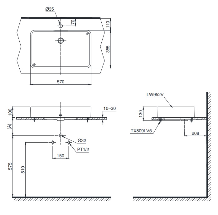 Bản vẽ bồn lavabo rửa mặt TOTO LT952