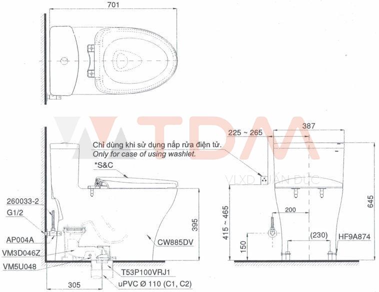 Bản vẽ bàn cầu điện tử TOTO MS 885 DW7