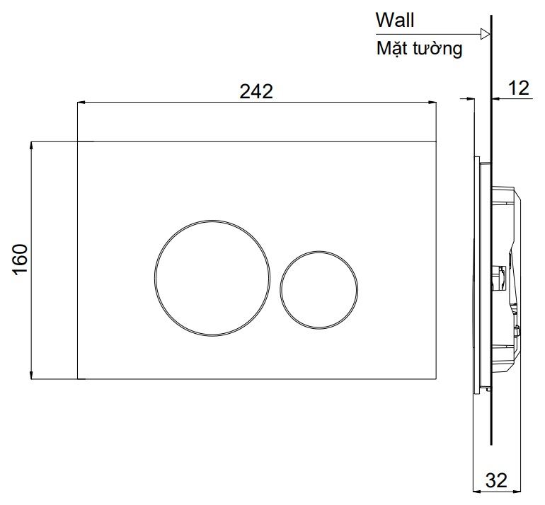 Bản vẽ nút nhấn MB 176G WH gắn bồn cầu treo tường TOTO