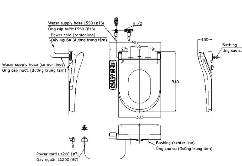 Bản vẽ kích thước nắp TOTO TCF 33320 GAA