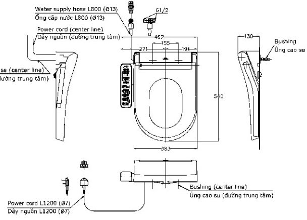 Bản vẽ kích thước nắp bồn cầu Washlet Toto TCF33370GAA